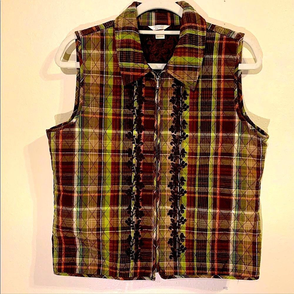 Plaid Quilted Vest with Embroidery detailing